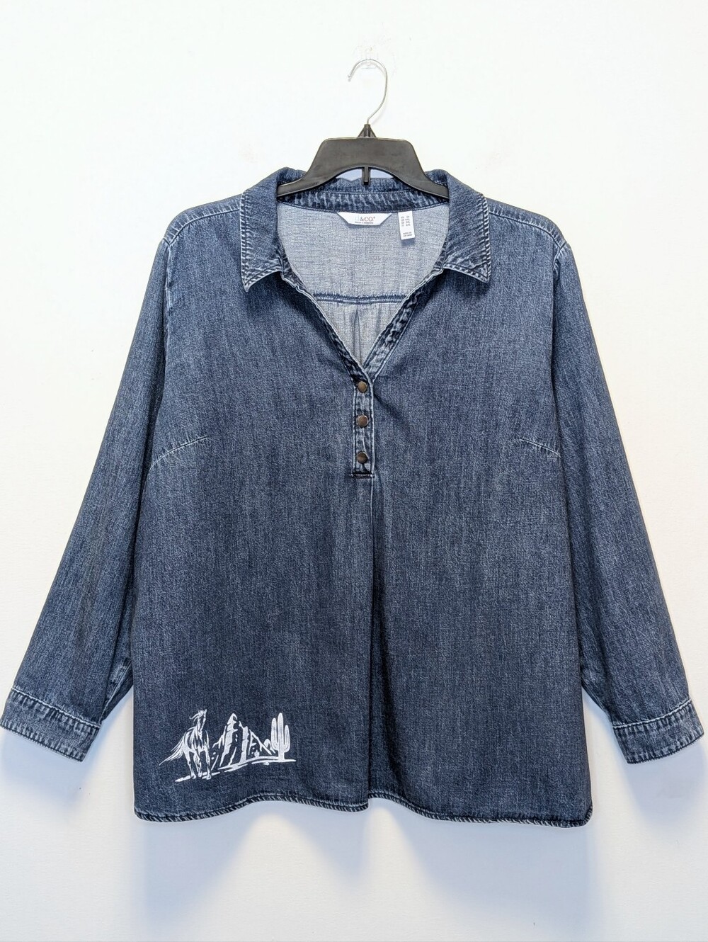 Denim & Co 3X Canyon Retreat Western Horse Denim Shirt Cowgirl